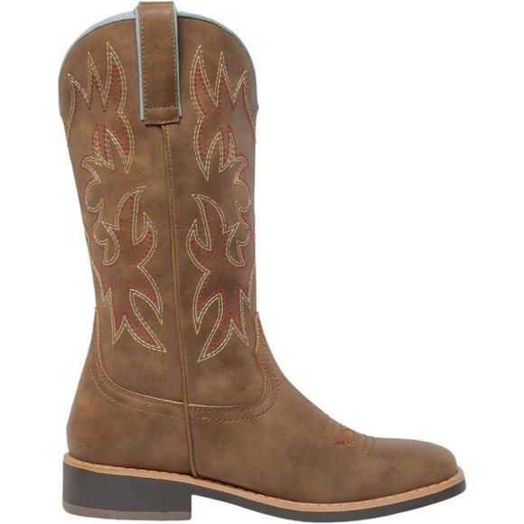 🆕Ladies Brown Embroidered Western Cowboy Boots Mid Calf Square Toe Leather - Picture 4 of 9